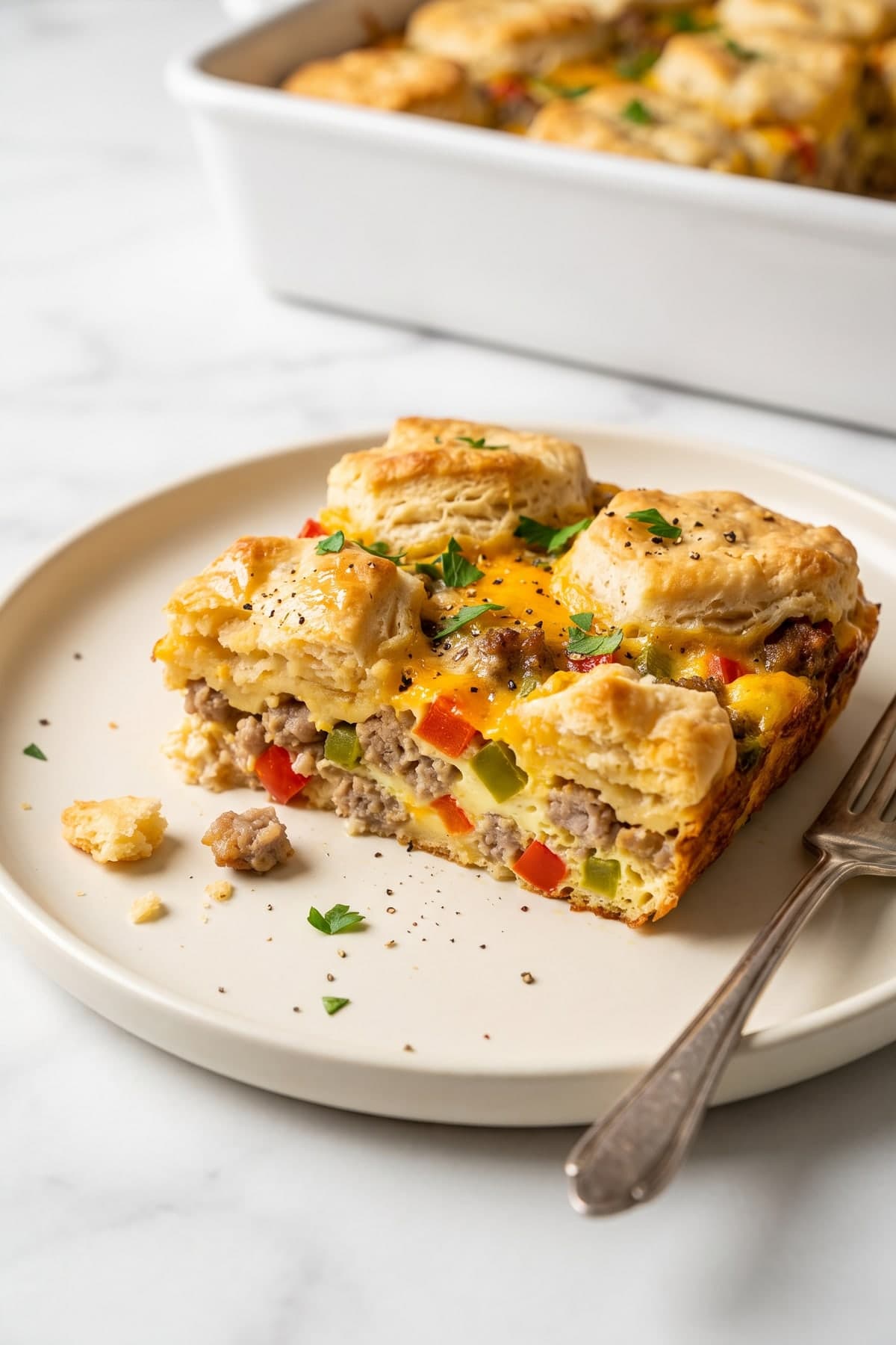 Breakfast Casserole With Biscuits Baked Right on Top ready to serve