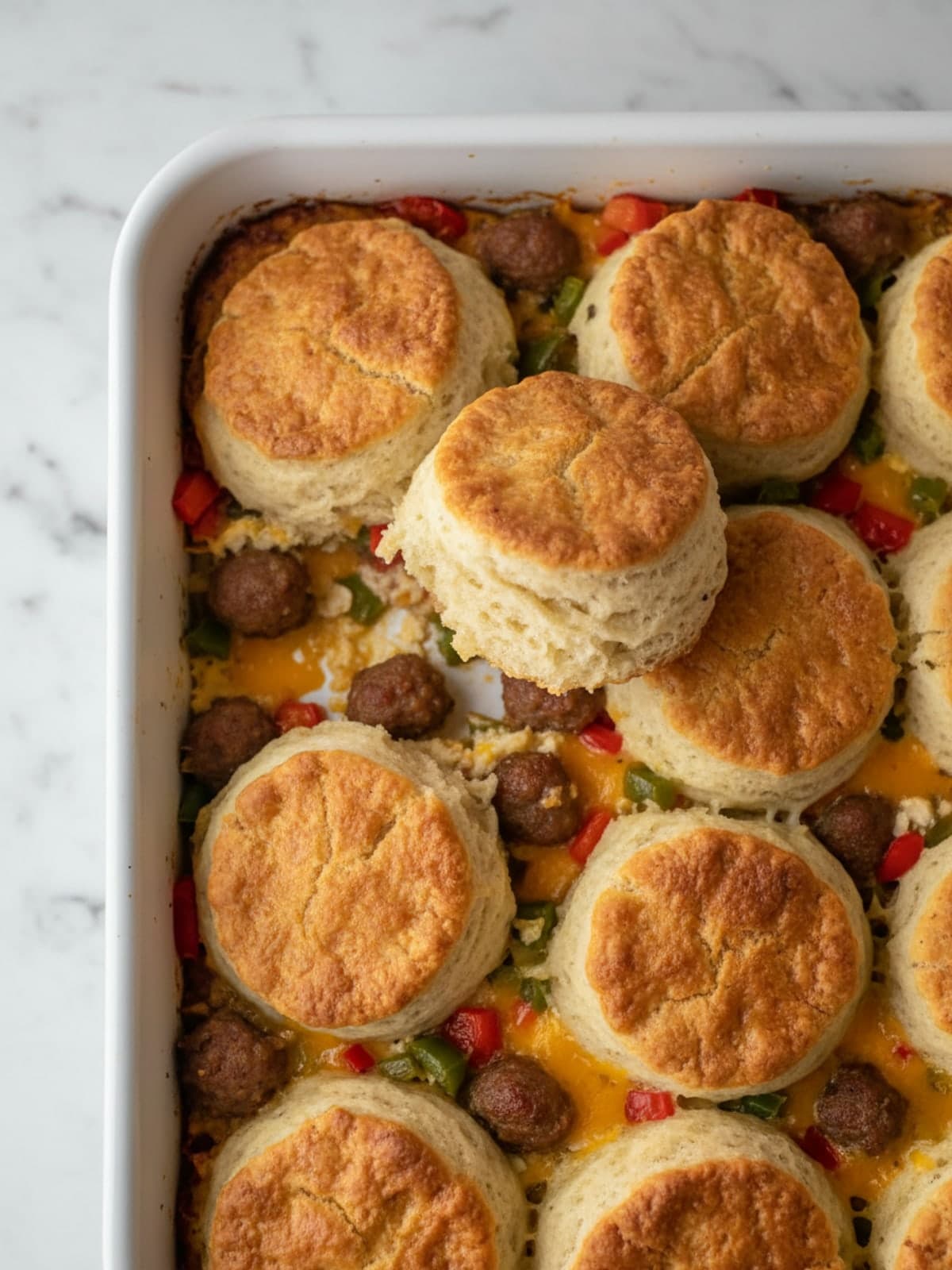 Breakfast Casserole With Biscuits Baked Right on Top: Cook or chill to the center cue