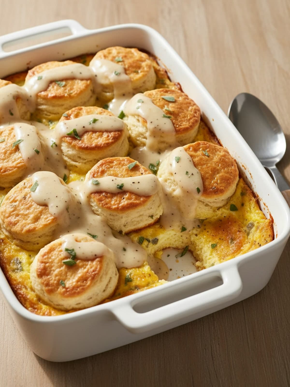 Biscuits and Gravy Breakfast Casserole in One Dish: Build the decisive layers