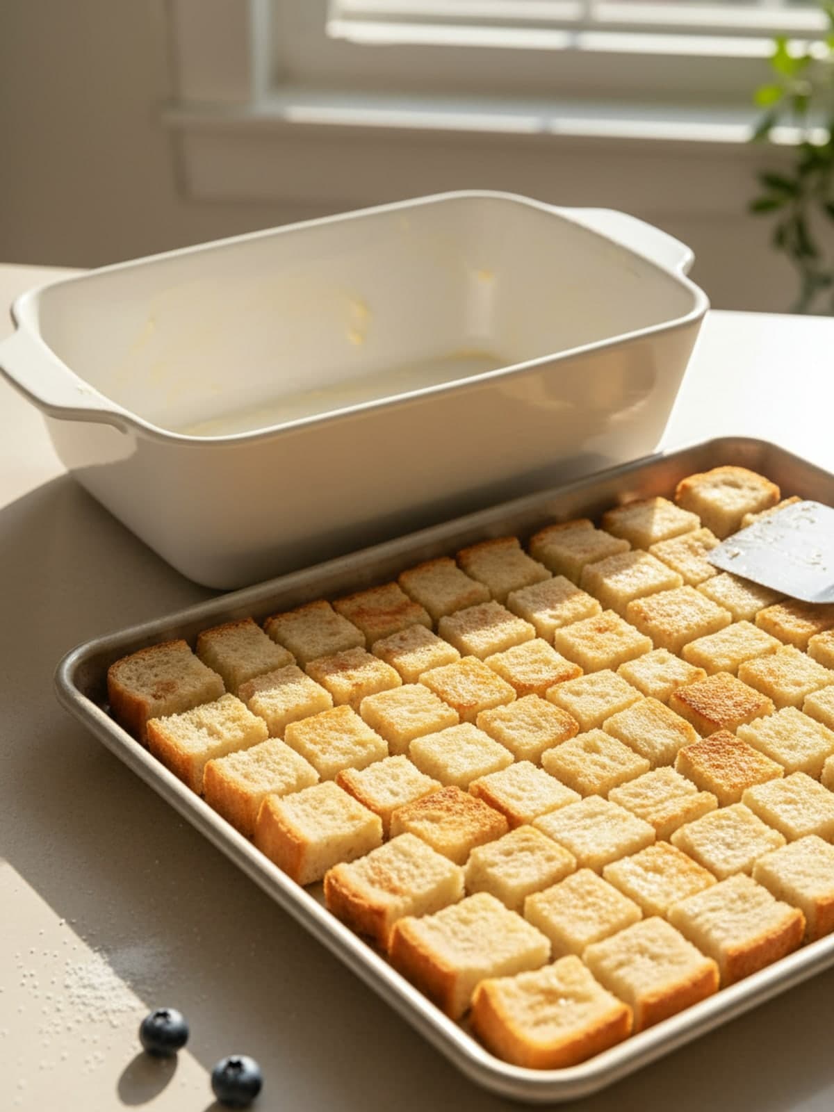 Blueberry French Toast Casserole With Berries Between: Dry the bread