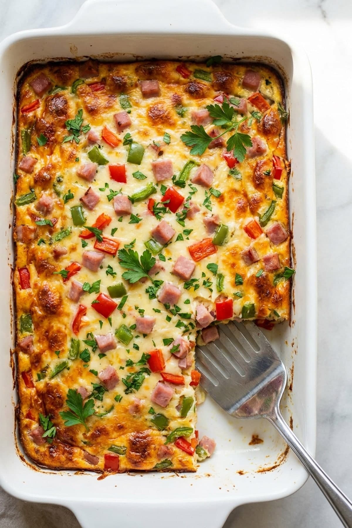 Overnight Crockpot Breakfast Casserole ready to serve
