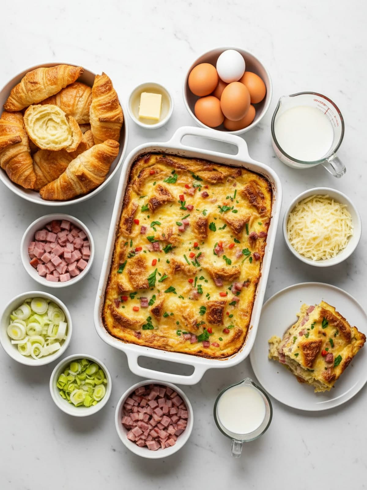 Ingredients for Croissant Breakfast Casserole With Ham and Gruyère