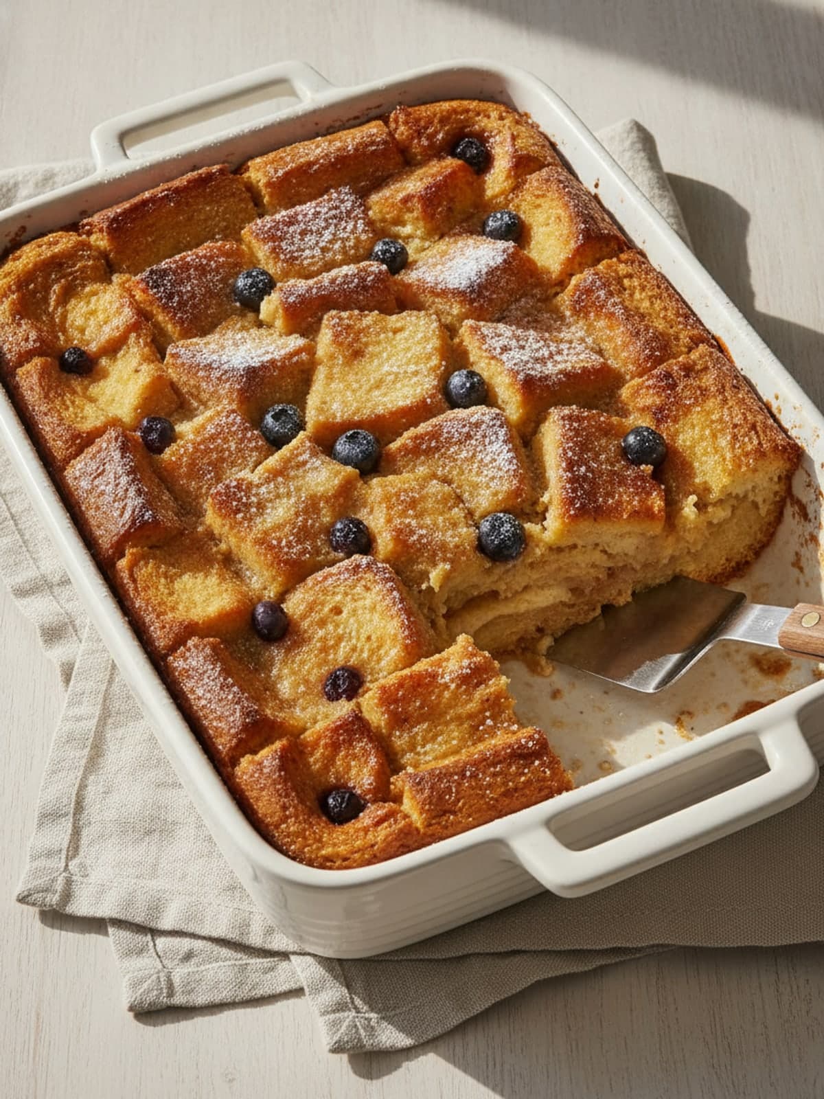 French Toast Bake Overnight: Cube the bread