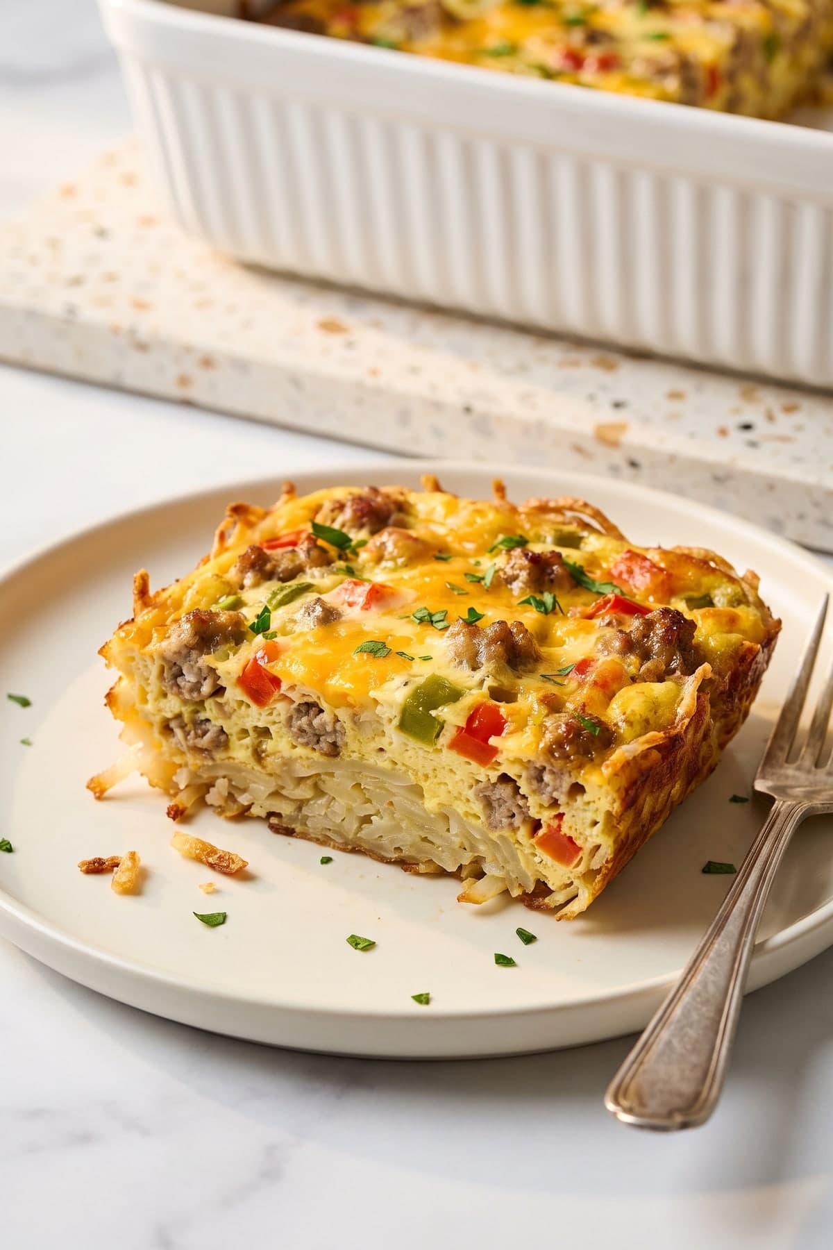 Hashbrown Breakfast Casserole With a Crisp Bottom Layer ready to serve