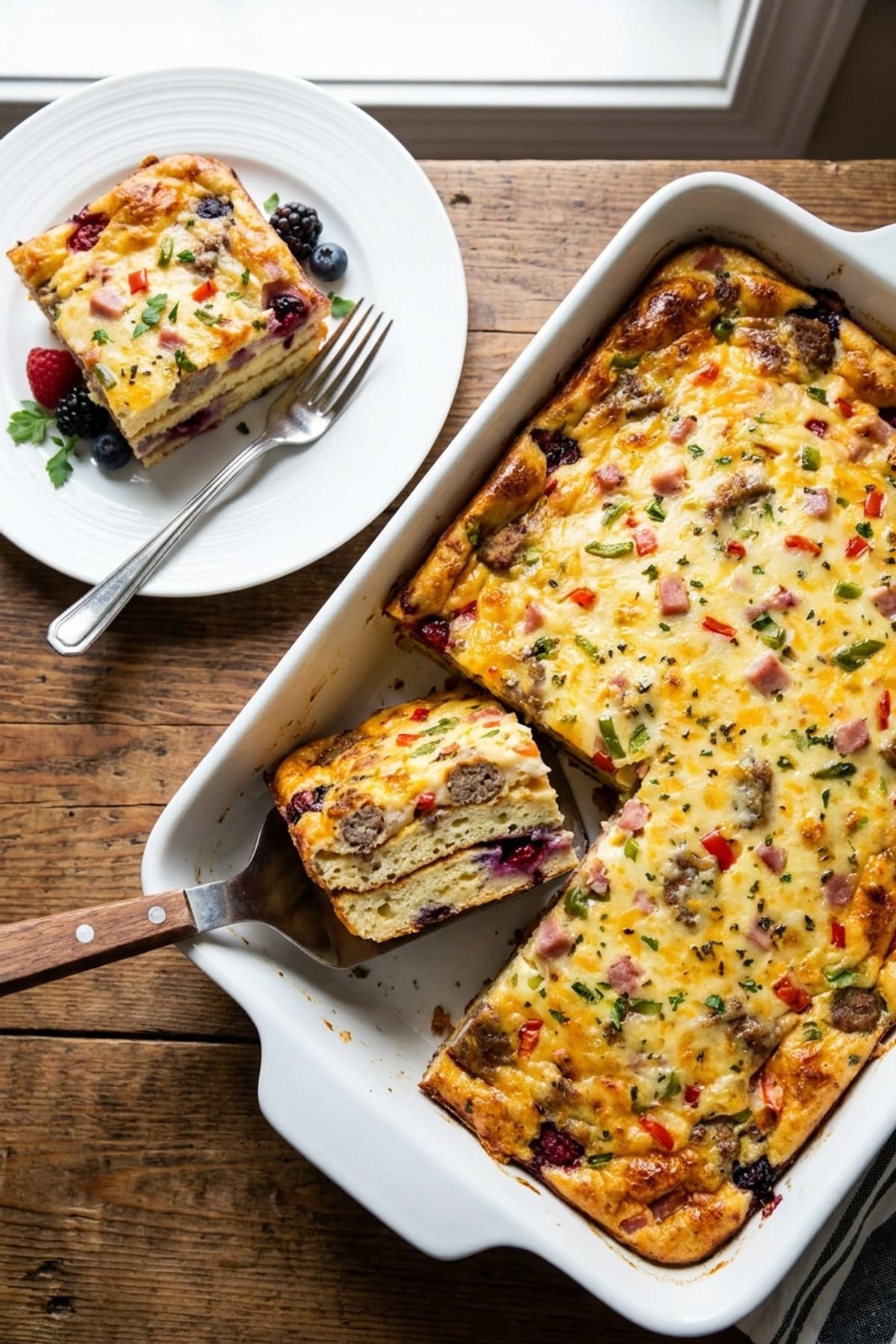 Pancake Casserole Breakfast With Sausage and Berries ready to serve