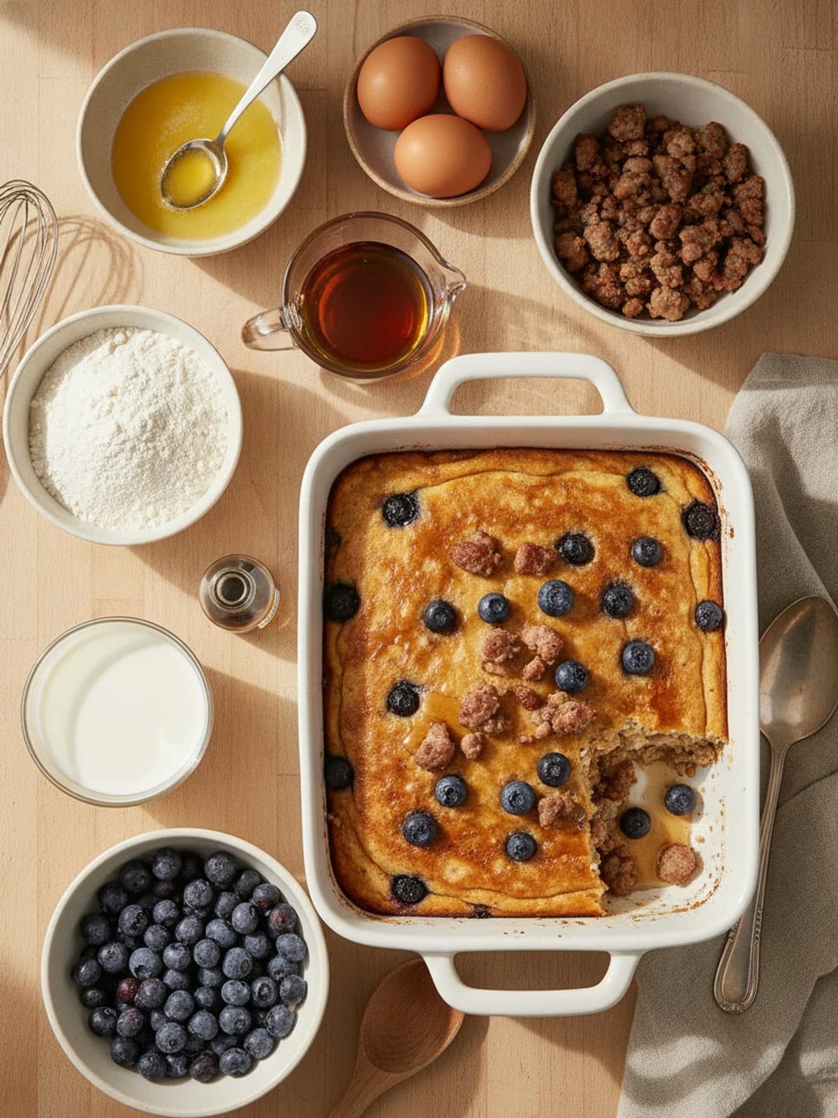 Ingredients for Pancake Casserole Breakfast With Sausage and Berries
