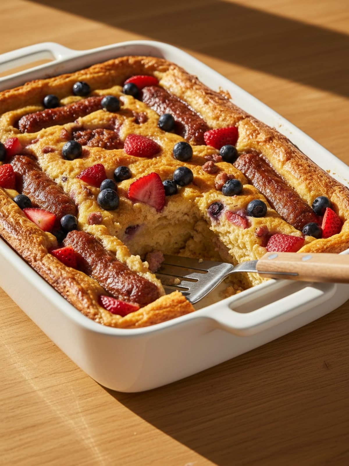 Pancake Casserole Breakfast With Sausage and Berries: Heat the oven