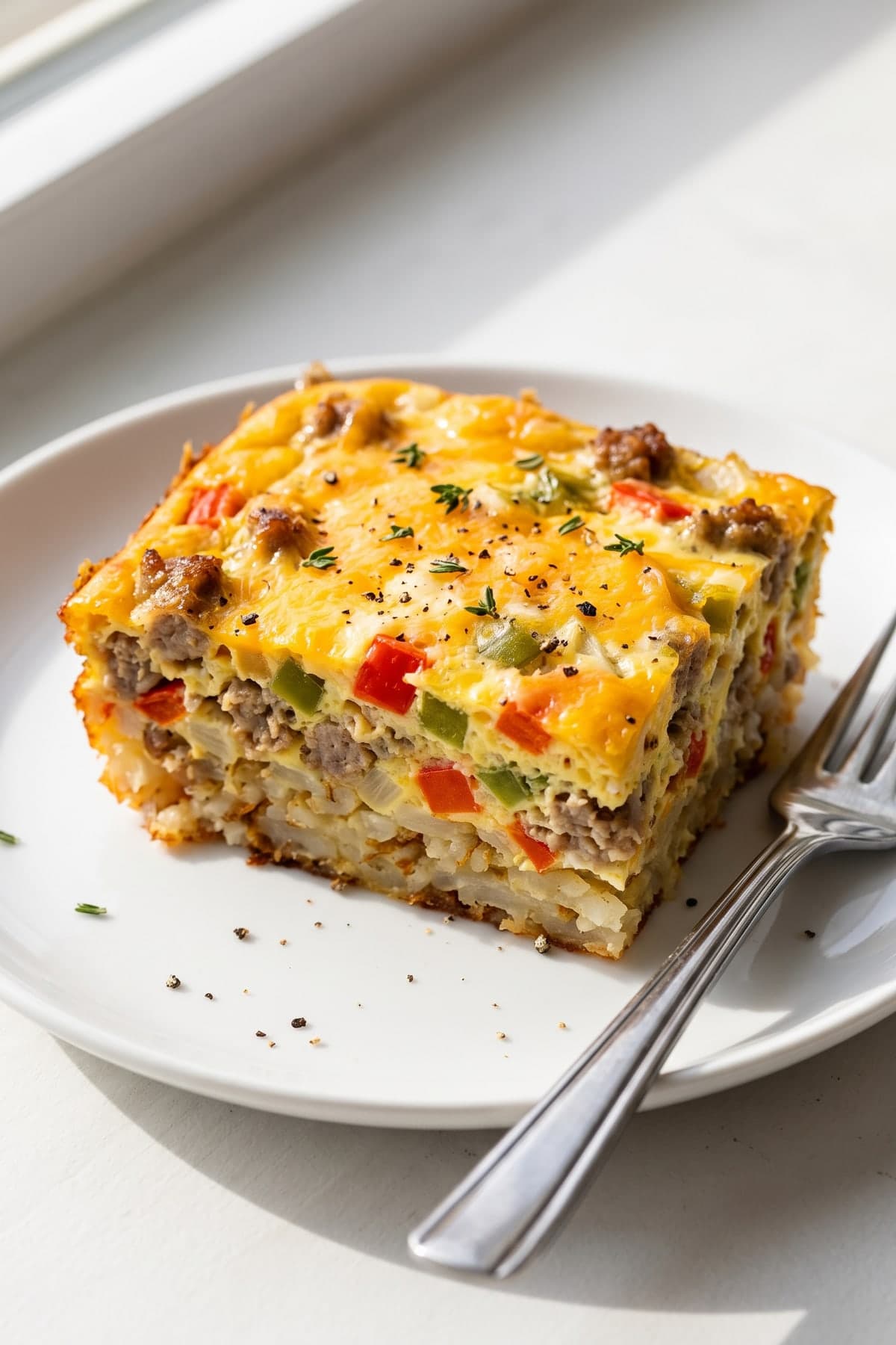 Sausage Breakfast Casserole With a Firm Hash Brown Base ready to serve