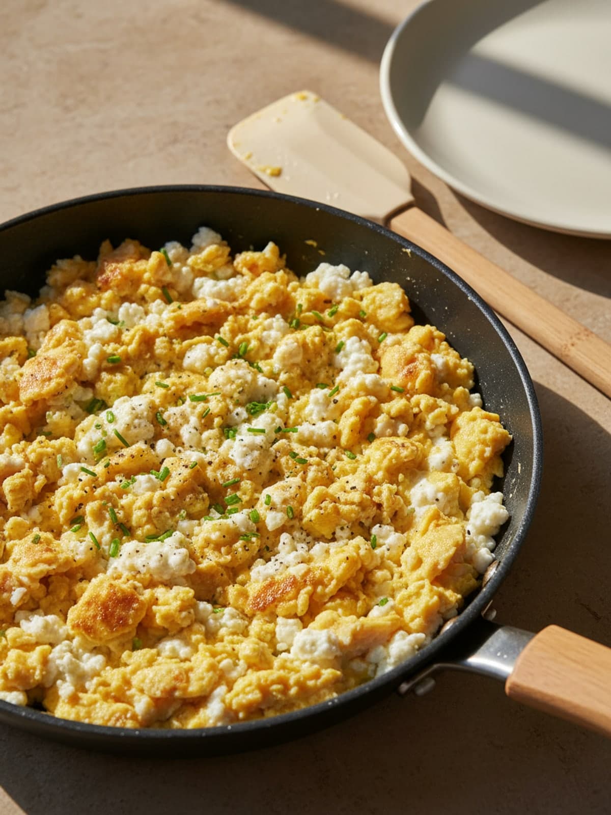 Scrambled Eggs With Cottage Cheese and Visible Curds: Set up the pan
