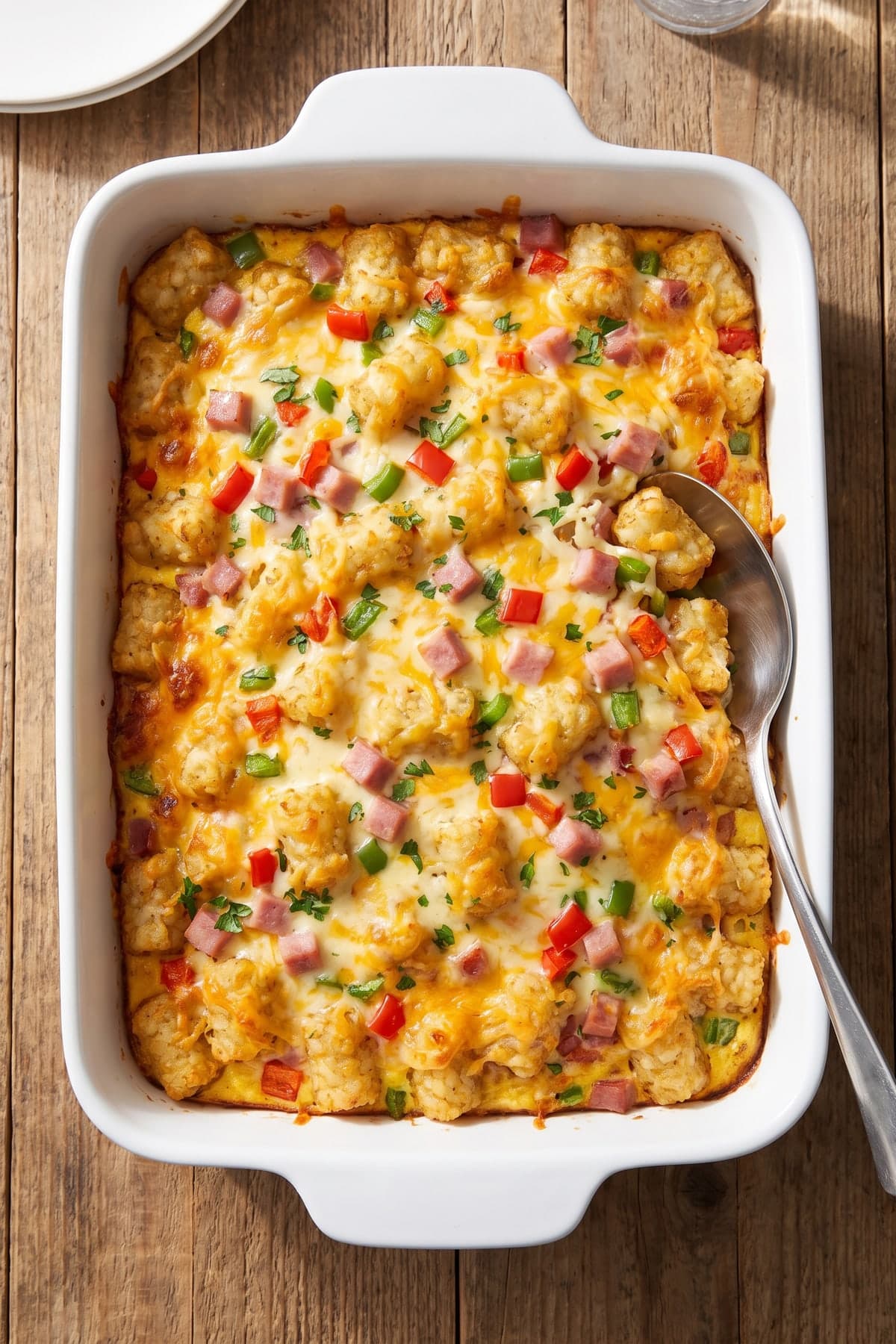 Tater Tot Breakfast Casserole With Sausage and Peppers ready to serve