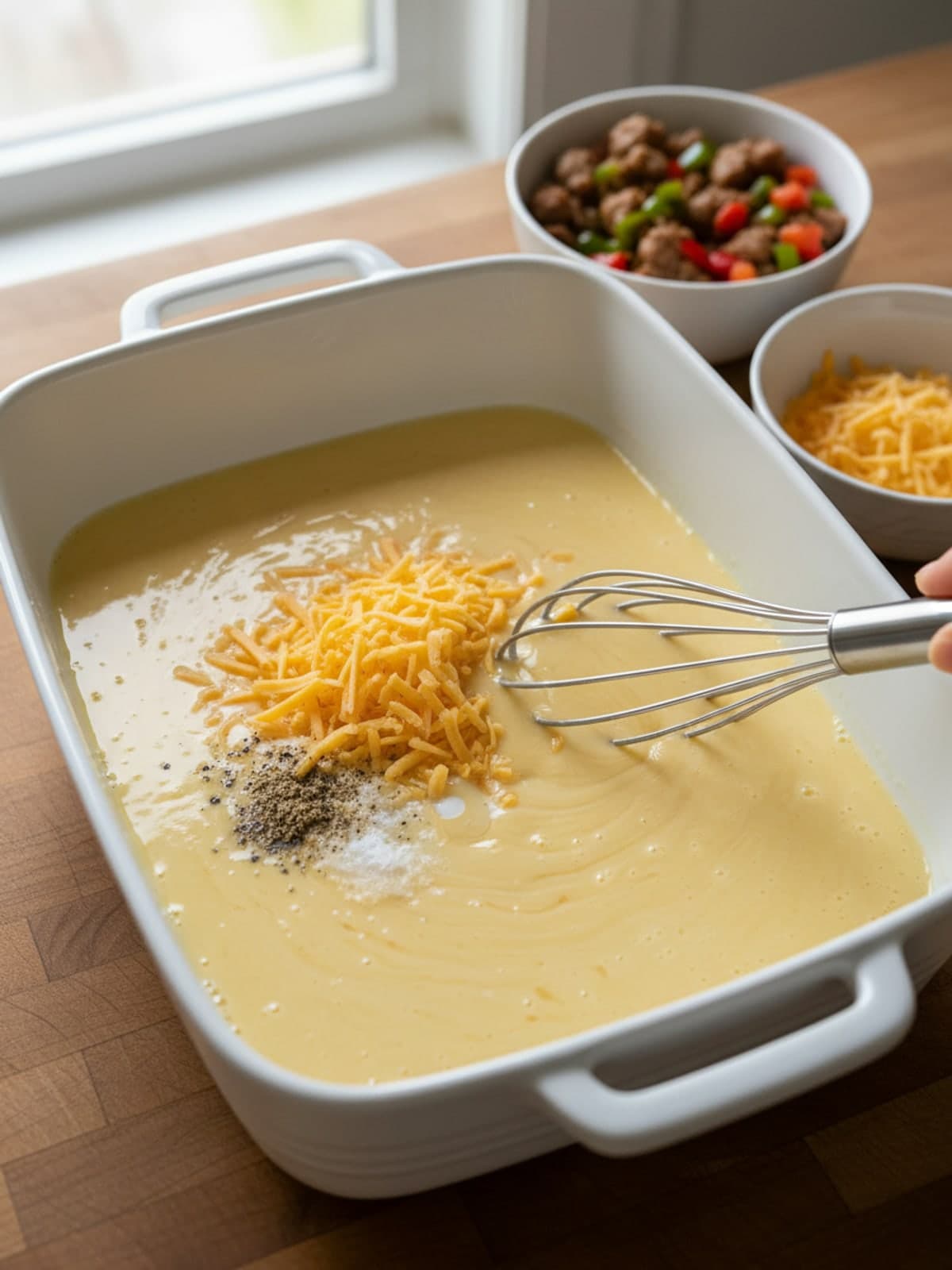 Tater Tot Breakfast Casserole With Sausage and Peppers: Whisk the custard