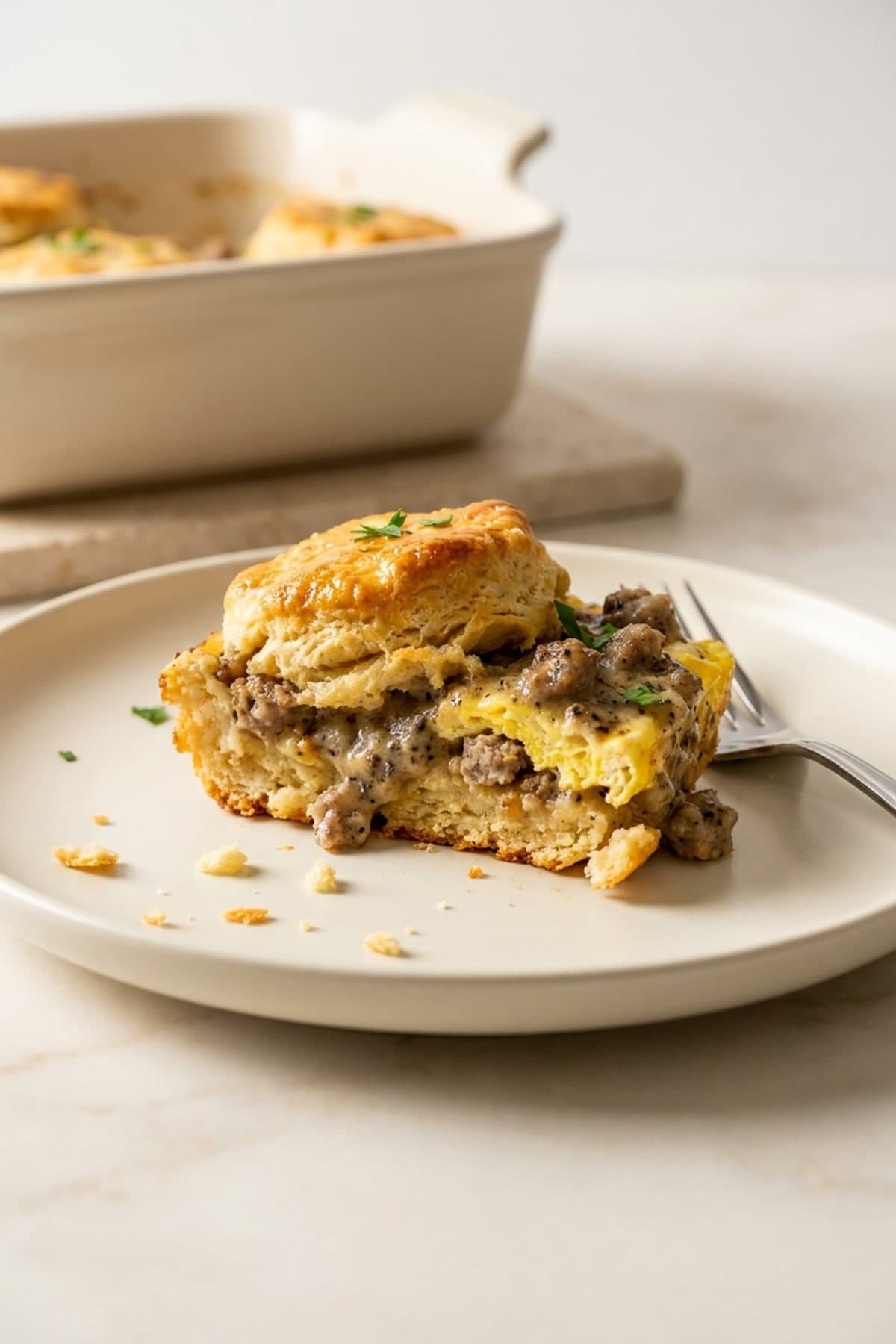 Biscuits and Gravy Breakfast Casserole in One Dish ready to serve