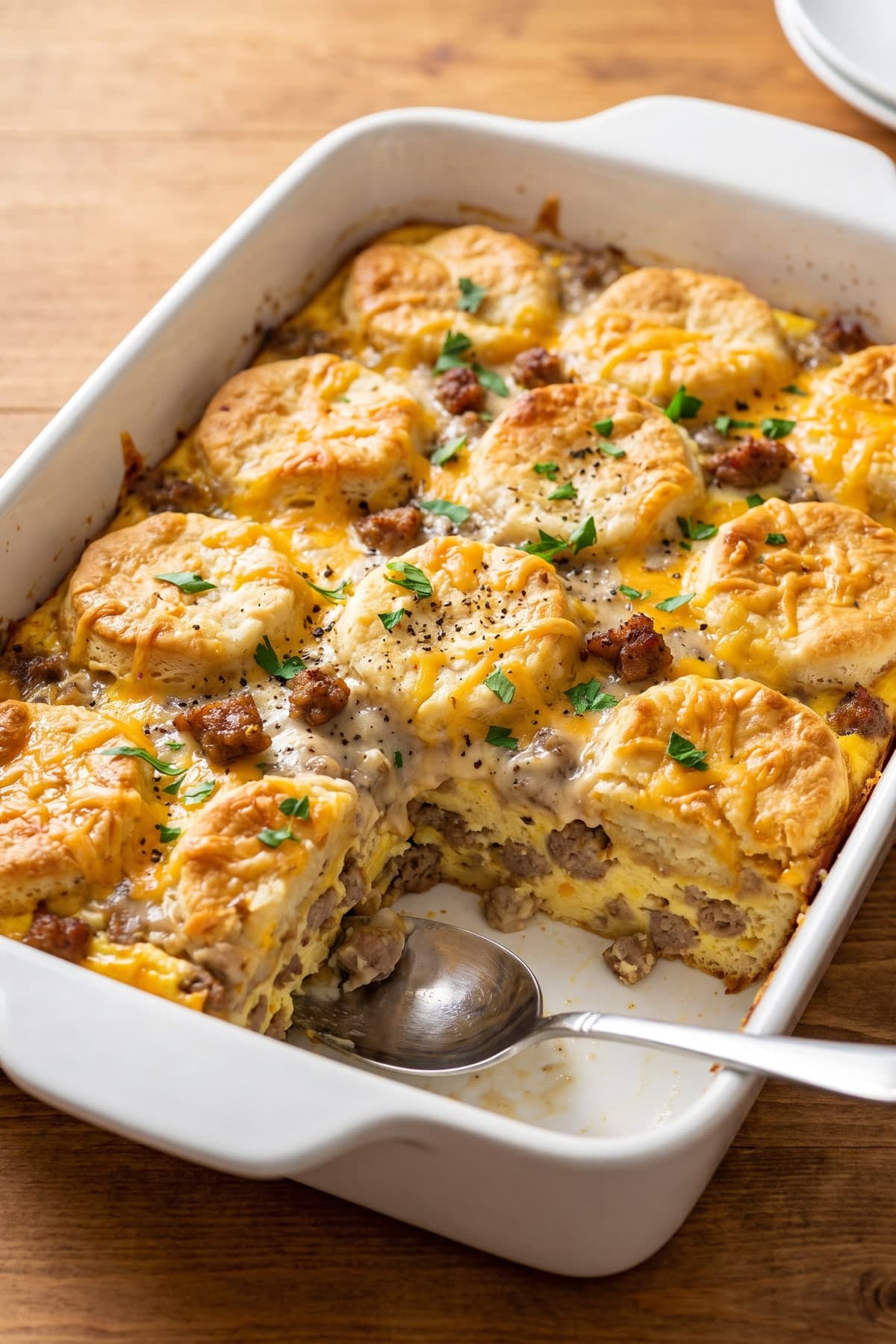 Biscuits and Gravy Breakfast Casserole ready to serve