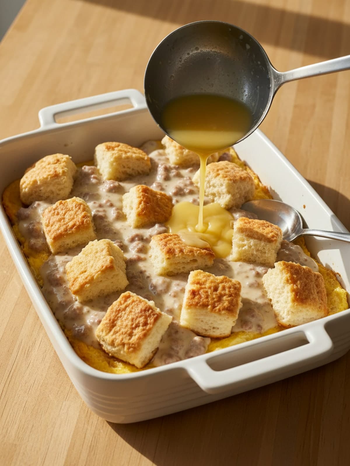 Biscuits and Gravy Breakfast Casserole: Layer the pan