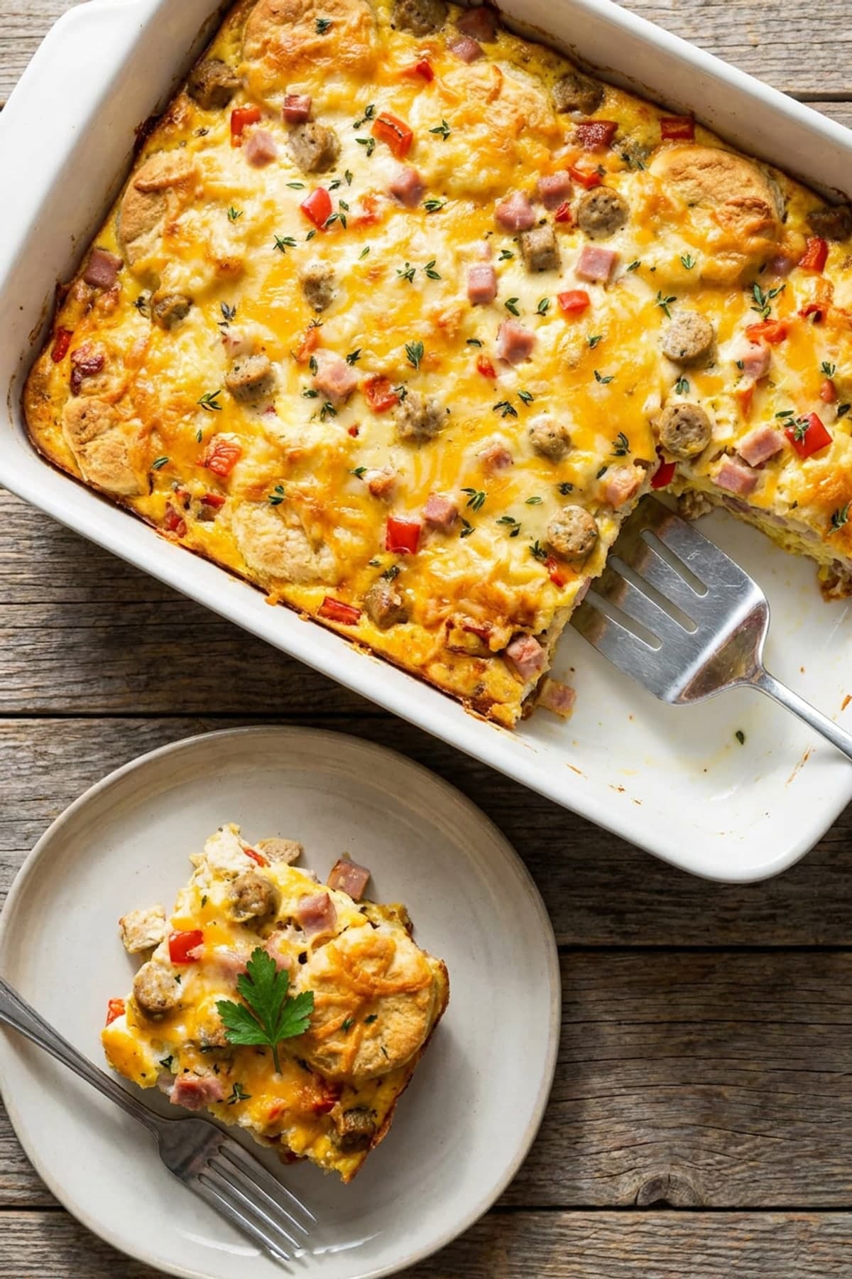 Breakfast Casserole With Biscuits and Chicken Sausage ready to serve