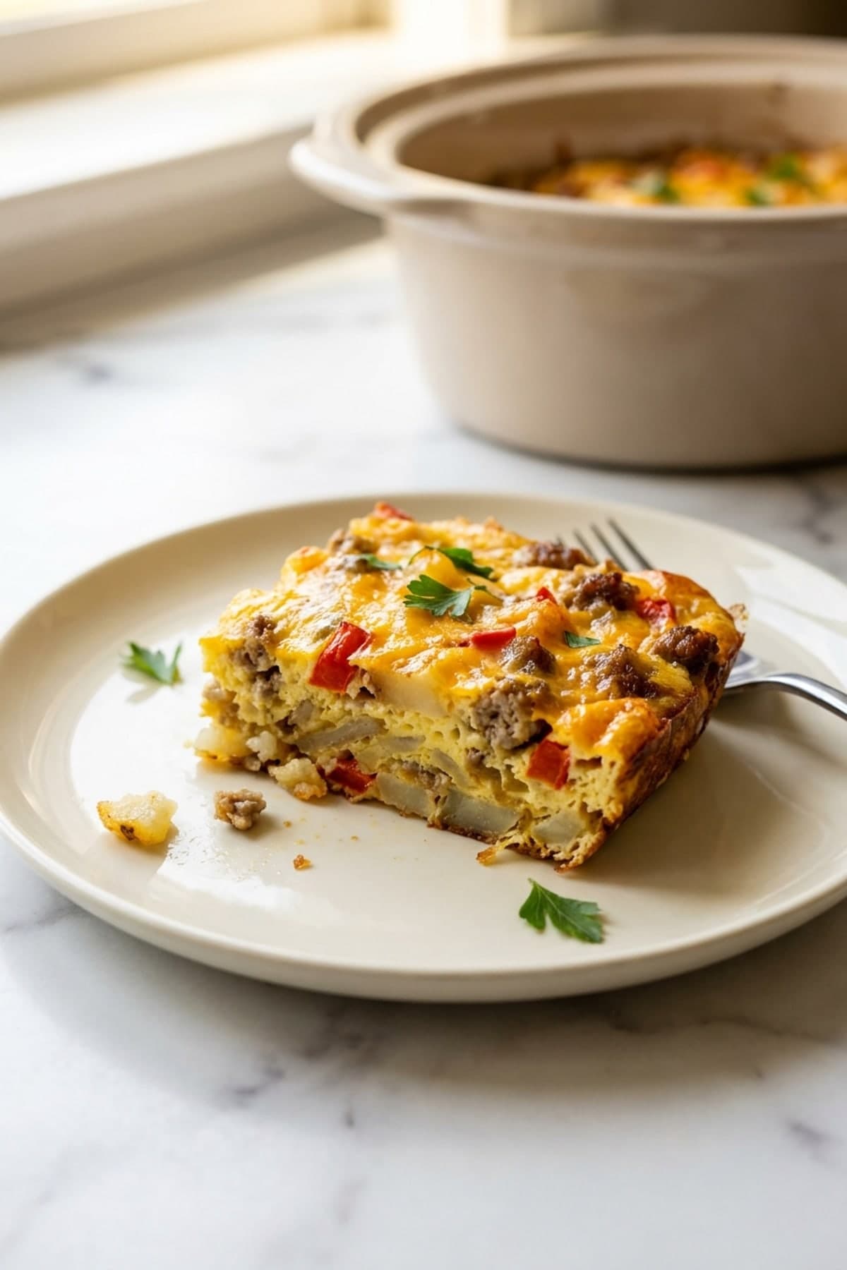 Crockpot Breakfast Casserole on Low for Six Hours ready to serve