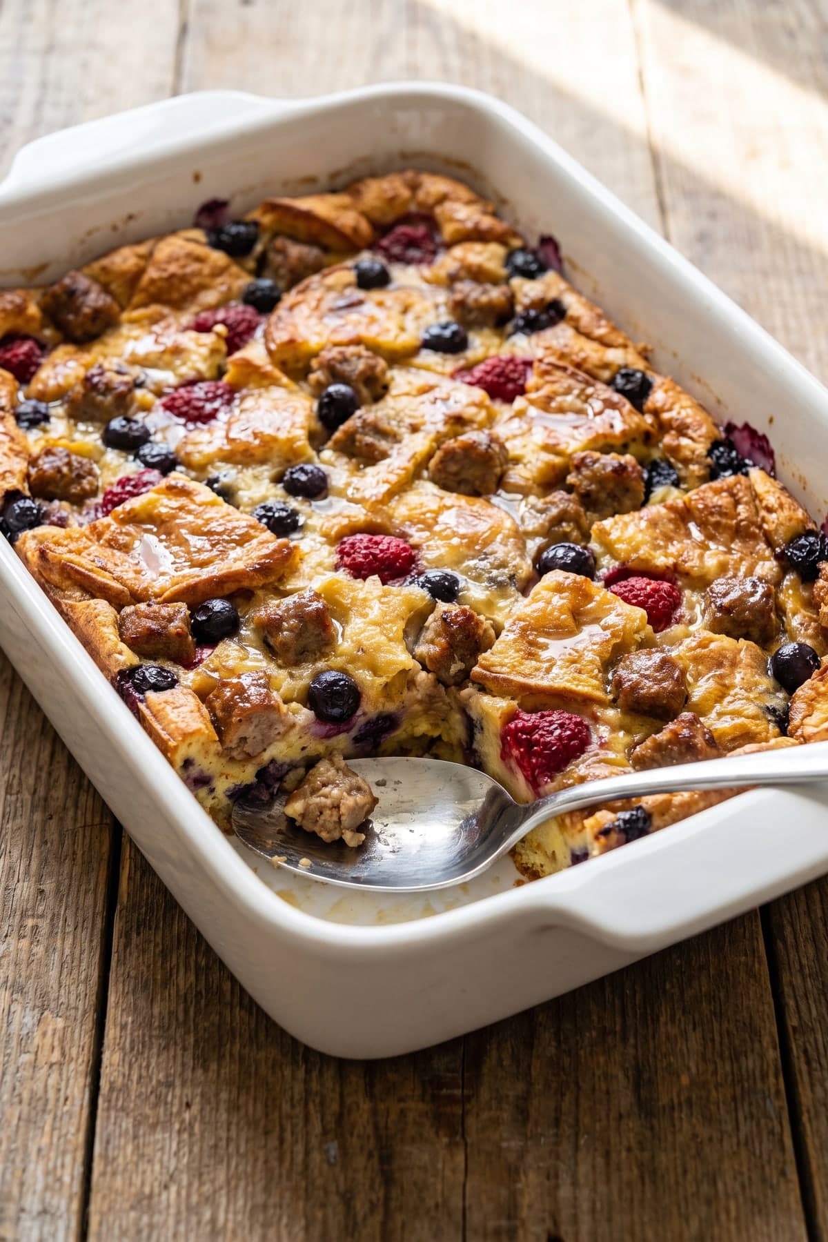 Pancake Casserole Breakfast With Sausage and Berries