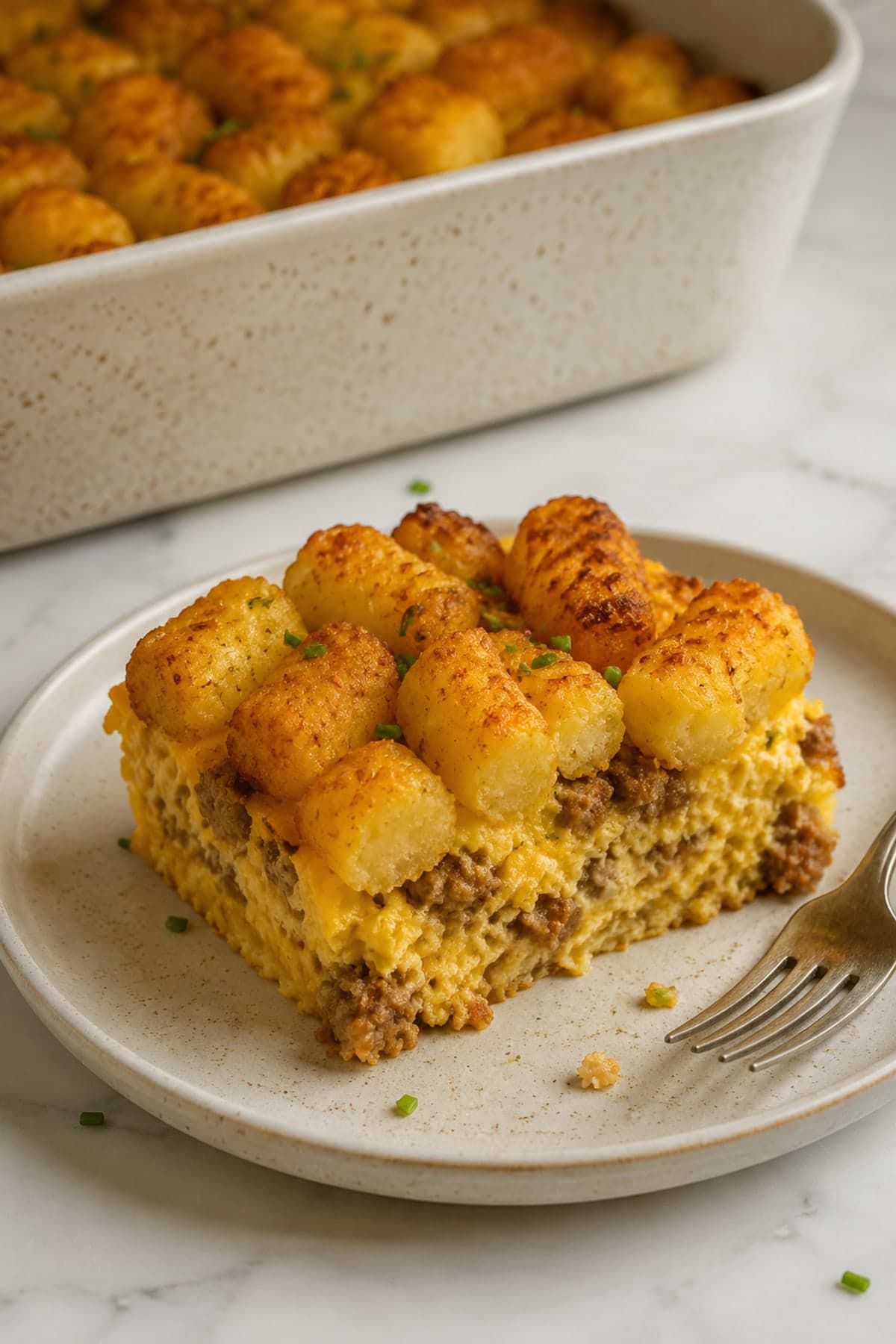 Tater Tot Breakfast Casserole That Stays Crunchy on Top ready to serve